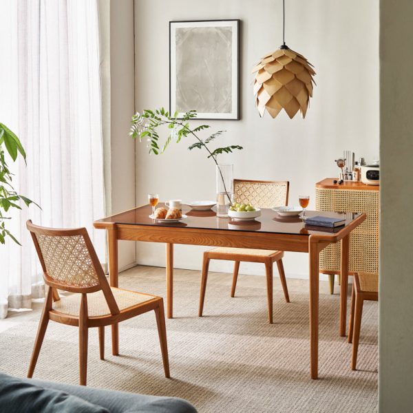 Traditional Vintage Rattan Weaving Wood Frame Dining Chair Backrest For Dining Room - Image 2