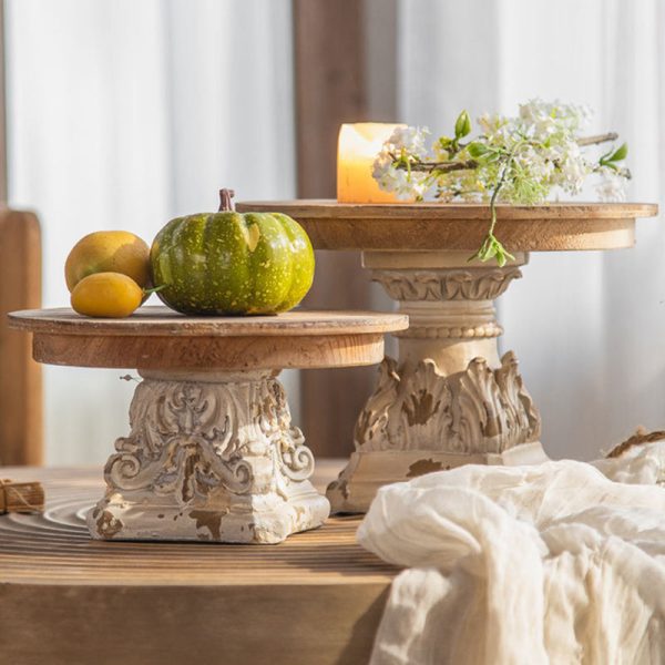 Traditional Vintage Round Column Carved Cedar Magnesium Oxide Tray Side Table For Dining Room - Image 2