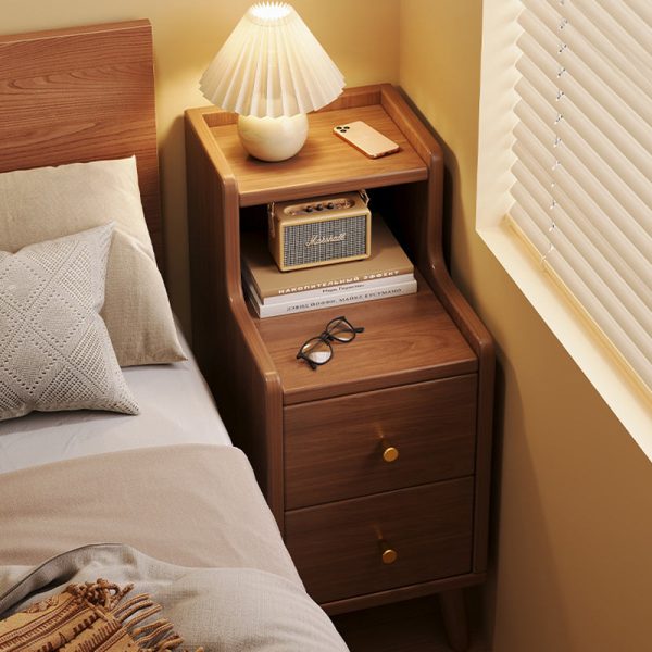 Traditional Chinese Rectangular Wood Density Panel Nightstand 2-Drawer Shelf For Bedroom - Image 22