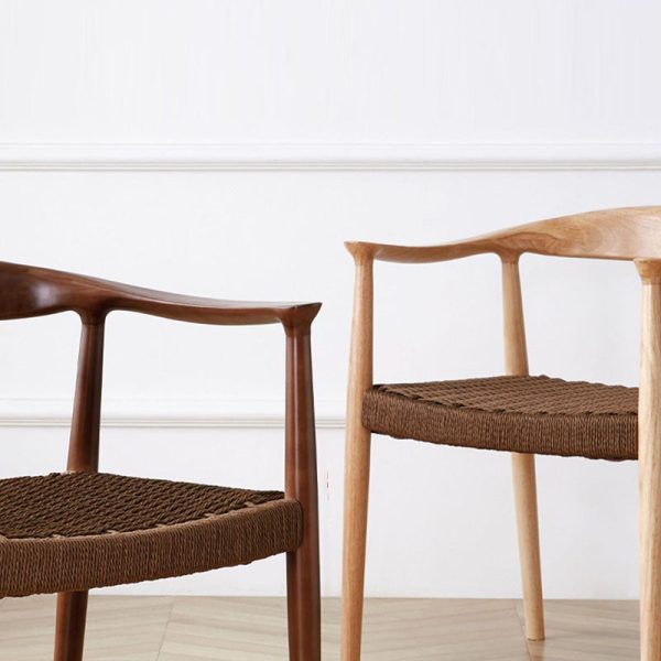 Traditional Vintage Braided Rope Wood Legs Square Dining Chair Backrest Armrest For Dining Room - Image 9
