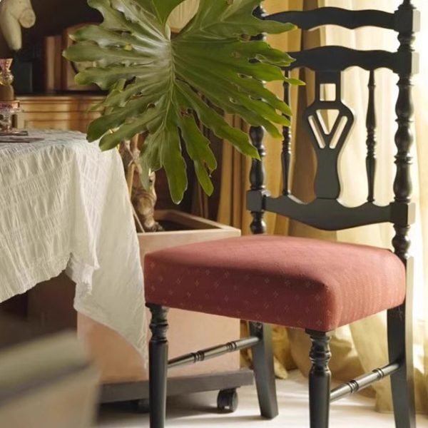 Traditional French Square Rectangular Backrest Wood Fabric Dining Chair For Dining Room - Image 3