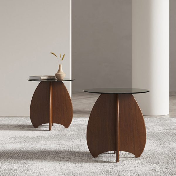 Contemporary Retro Geometric Oval Tempered Glass Wood Base End Table For Living Room - Image 4