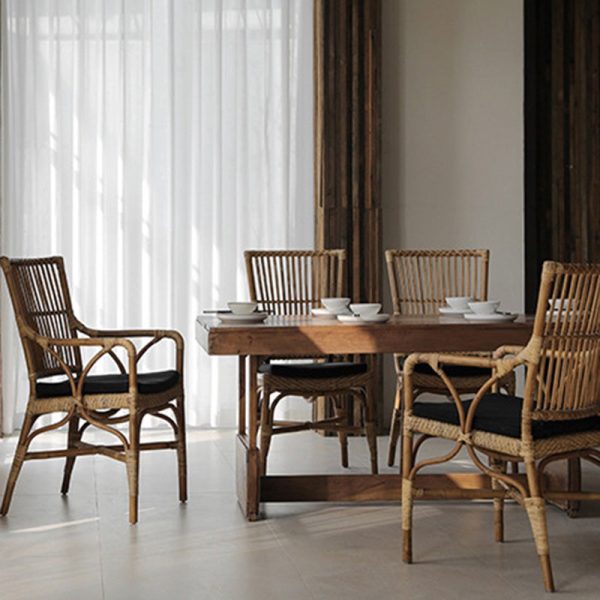 Traditional Chinese Square Wood Weaving Dining Chair Four Legs Backrest Armrest For Dining Room - Image 15