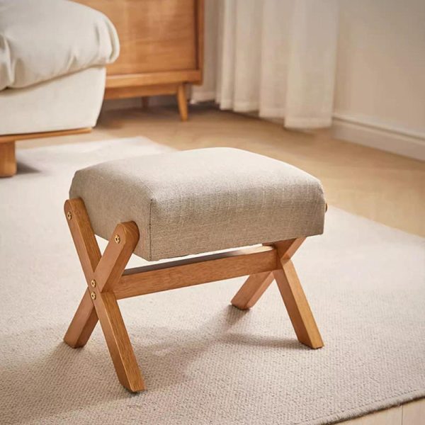 Contemporary Simplicity Wood Linen X-Shaped Legs Footstool Backless Armless For Entryways - Image 2