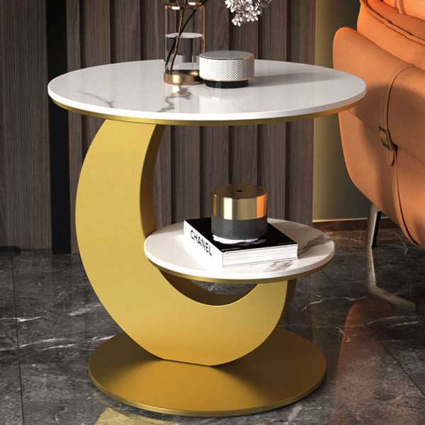 Modern Luxury Round Crescent Moon Frame Slab Carbon Steel End Table 2-Tray For Living Room - Image 17
