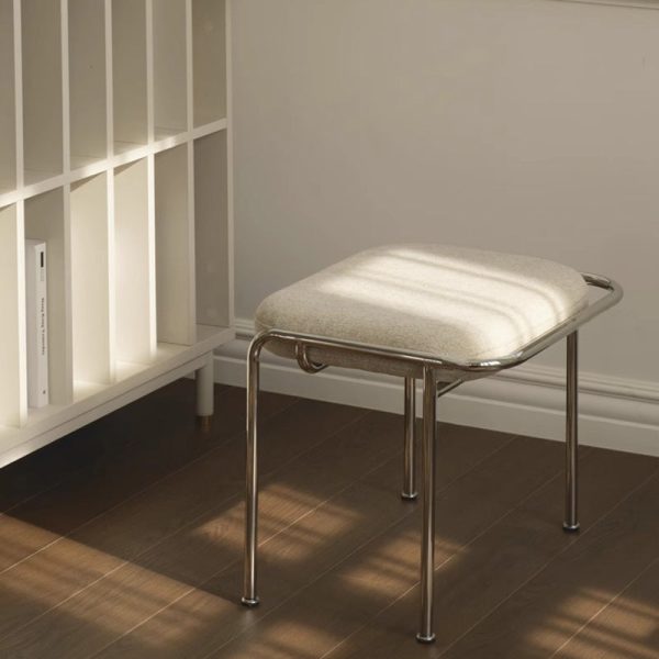 Contemporary Scandinavian Square Cotton Linen Upholstered Stainless Steel Frame Vanity Stool Backless For Bedroom - Image 11