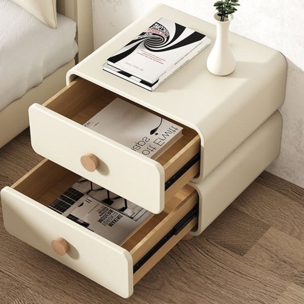 Contemporary Scandinavian Square Tabletop Solid Wood Microfiber Leather Stainless Steel Nightstand 2-Drawer For Bedroom - Image 7