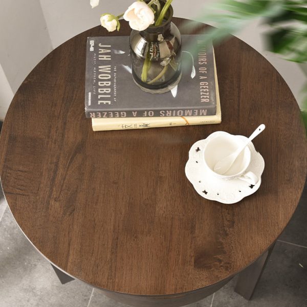 Contemporary Retro Antique Oak Wood Circular End Table 2-Tier Drawer For Living Room - Image 6