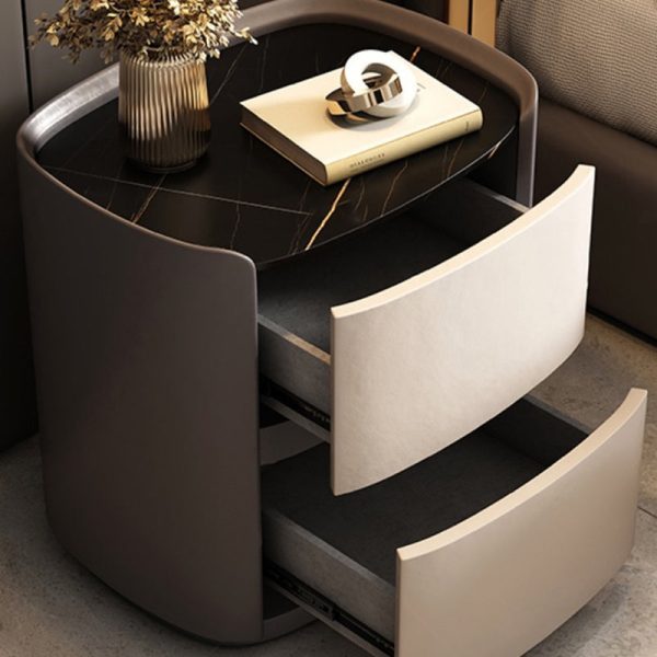 Modern Simplicity Elliptical Slab Microfiber Leather Wood Nightstand 2-Drawer For Bedside - Image 6