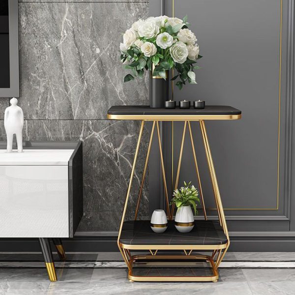 Contemporary Nordic Square Geometric Slab Iron End Table 2-Tier For Living Room - Image 3