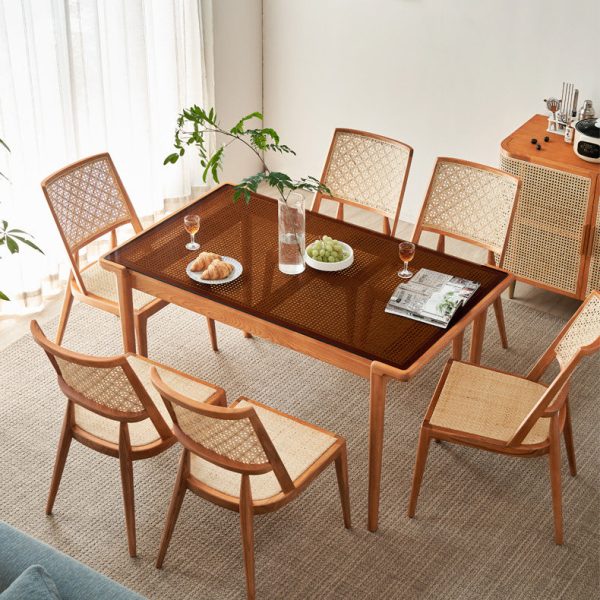 Traditional Vintage Rattan Weaving Wood Frame Dining Chair Backrest For Dining Room - Image 4