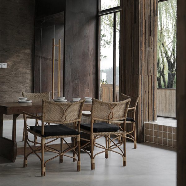 Traditional Farmhouse Weaving Rattan Square Dining Chair Backrest Armrest For Living Room - Image 7