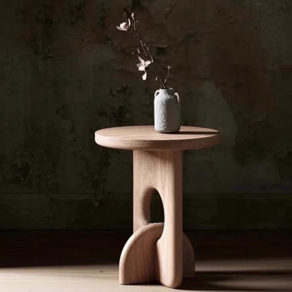 Traditional Japanese Round Wooden End Table For Living Room - Image 8