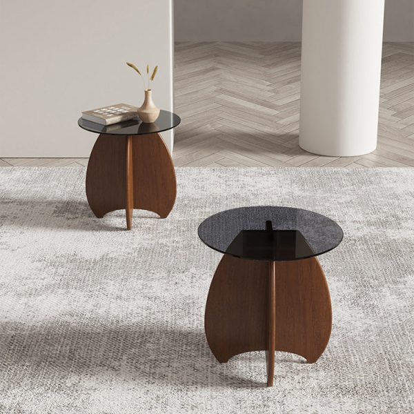 Contemporary Retro Geometric Oval Tempered Glass Wood Base End Table For Living Room - Image 7