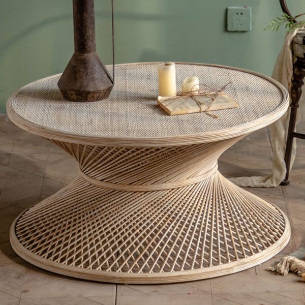 Traditional Japanese Round Rattan End Table 1-Tier For Living Room - Image 14