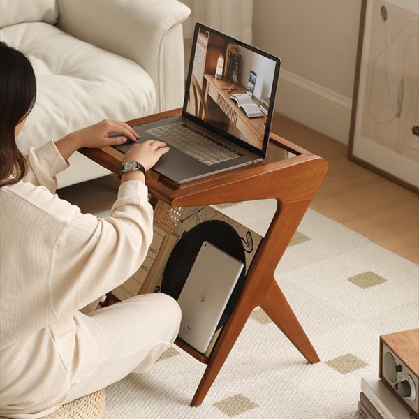 Traditional Japanese Weaving Rattan Glass Cherry Wood Ash Wood Rectangular Side Table 1-Shelf For Living Room - Image 15