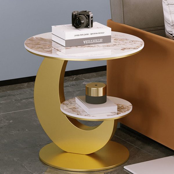 Modern Luxury Round Crescent Moon Frame Slab Carbon Steel End Table 2-Tray For Living Room - Image 18