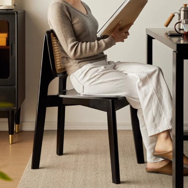 Modern Minimalist Skeleton Square Back Solid Wood Rattan Dining Chair Backrest For Dining Room - Image 3