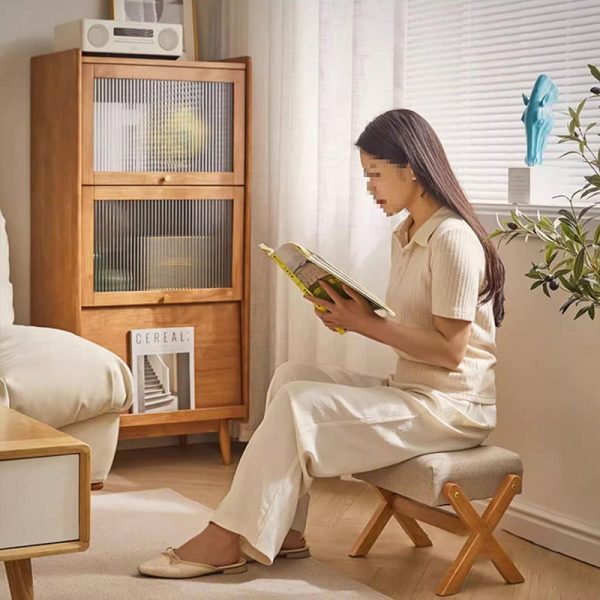 Contemporary Simplicity Wood Linen X-Shaped Legs Footstool Backless Armless For Entryways - Image 13