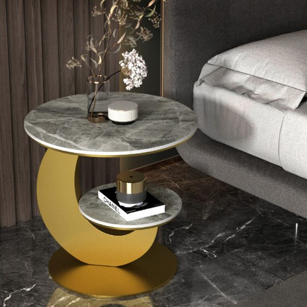 Modern Luxury Round Crescent Moon Frame Slab Carbon Steel End Table 2-Tray For Living Room - Image 19