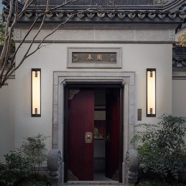 Modern Transitional Rectangular Copper Marble LED Outdoor Wall Sconce Lamp For Outdoor Patio - Image 2
