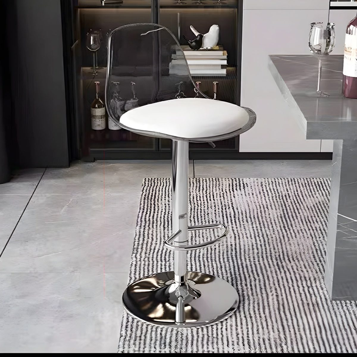 Contemporary Scandinavian Curved Acrylic Metal Base Adjustable Swivel Bar Stool Backrest Footrest For Kitchen - Image 9