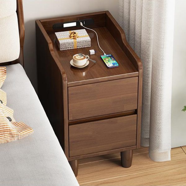 Modern Minimalist Rectangular Rubber Wood Nightstand 2-Drawer Sensor Light USB Charging For Bedroom - Image 2