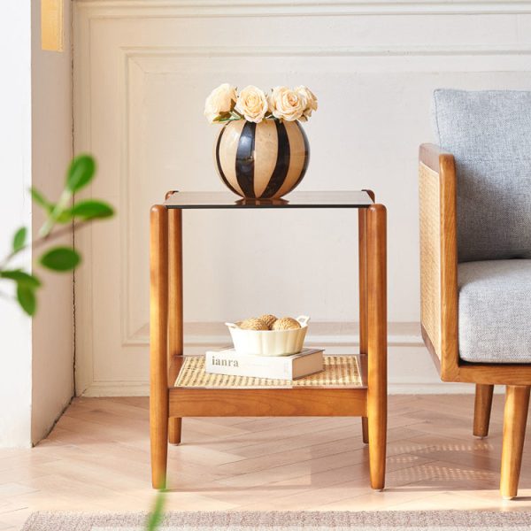 Traditional Japanese Weaving Square Ash Wood Glass End Table 2-Tier For Living Room - Image 2