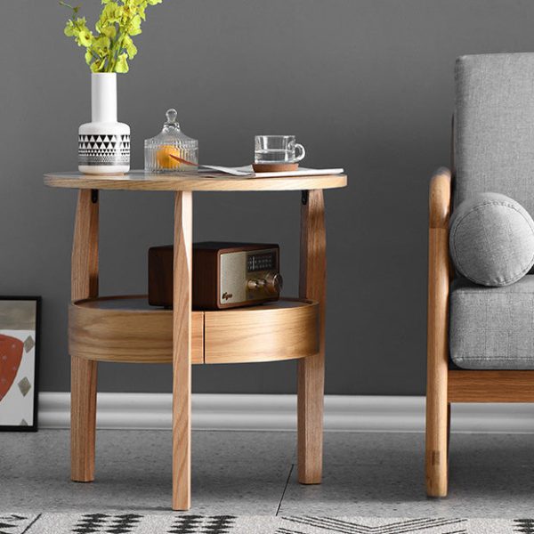 Contemporary Retro Antique Oak Wood Circular End Table 2-Tier Drawer For Living Room - Image 2