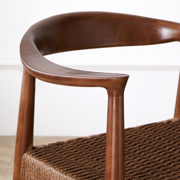 Traditional Vintage Braided Rope Wood Legs Square Dining Chair Backrest Armrest For Dining Room - Image 6