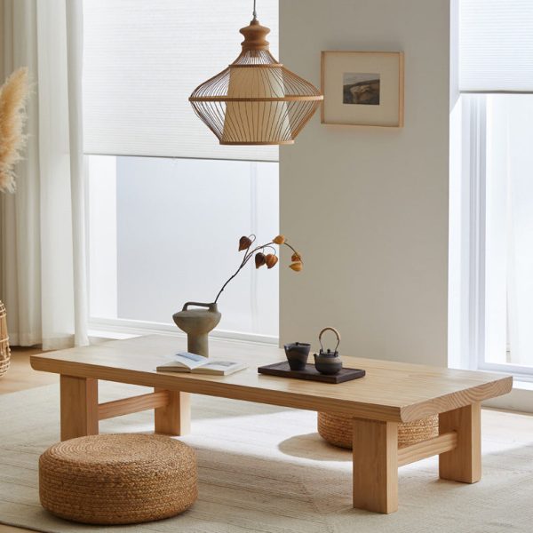 Traditional Japanese Rectangular Tabletop Solid Wood Coffee Table 4-Leg For Living Room - Image 10