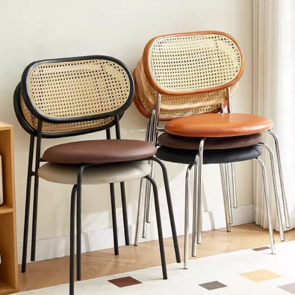 Contemporary Vintage Round Rectangular Solid Wood Metal Leather Dining Chair Backrest For Dining Room - Image 12