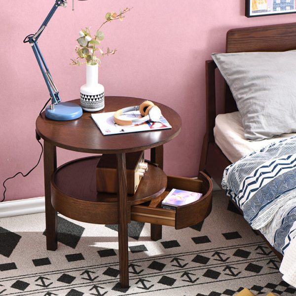 Contemporary Retro Antique Oak Wood Circular End Table 2-Tier Drawer For Living Room - Image 13