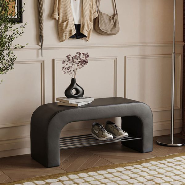 Modern Minimalist Long Rectangle Lambswool PU Leather Iron Storage Bench 1-Shelf For Entryways - Image 2