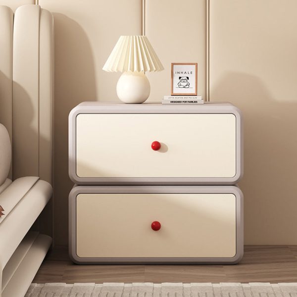 Modern Minimalist Square Tabletop Solid Wood Ceramic Cat Scratch Leather Nightstand 2-Drawer For Bedroom - Image 3