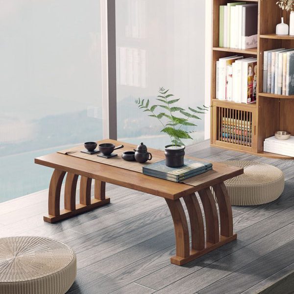 Traditional Japanese Rectangle Curved Heather Bamboo End Table 1-Tier For Living Room - Image 2
