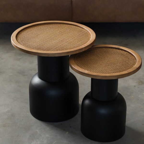 Traditional Vintage Round Cylinder Iron Rattan Wood End Table For Living Room - Image 16