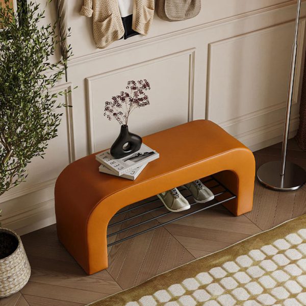 Modern Minimalist Long Rectangle Lambswool PU Leather Iron Storage Bench 1-Shelf For Entryways - Image 3