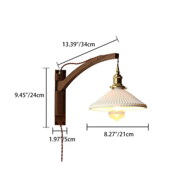 Nordic Milk White Striped Glass Walnut Retractable 1-Light Wall Sconce Lamp - Image 7