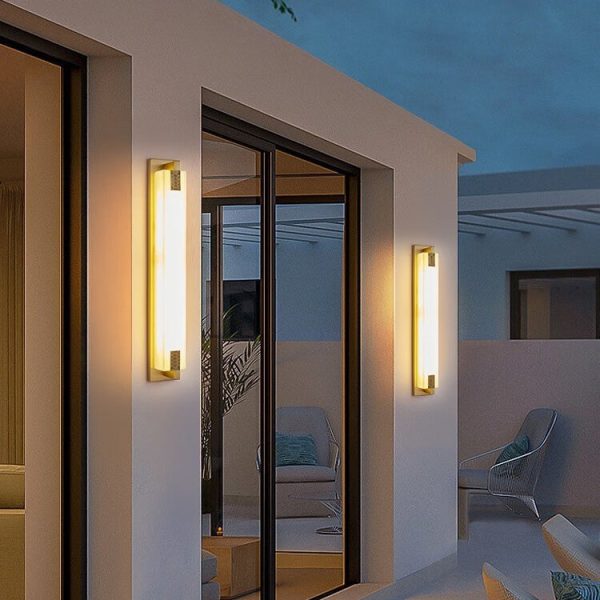 Modern Transitional Rectangular Copper Marble LED Outdoor Wall Sconce Lamp For Outdoor Patio - Image 3