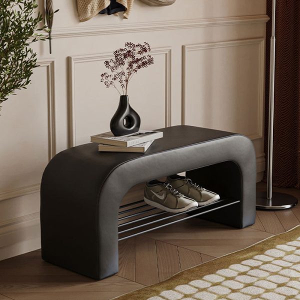 Modern Minimalist Long Rectangle Lambswool PU Leather Iron Storage Bench 1-Shelf For Entryways - Image 10