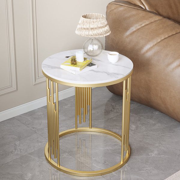Contemporary Scandinavian Round Cylindrical Rock Slab Carbon Steel End Table For Living Room - Image 9