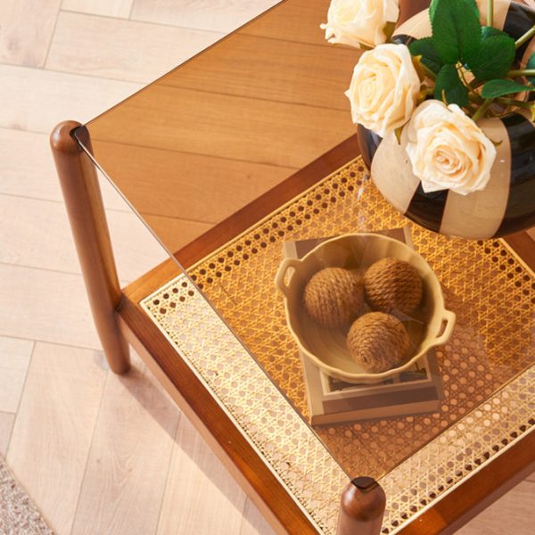 Traditional Japanese Weaving Square Ash Wood Glass End Table 2-Tier For Living Room - Image 5