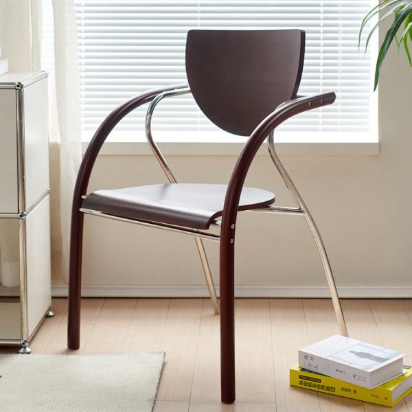 Contemporary Nordic Microfiber Leather Wood Stainless Steel Sponge Semicircular Curved Dining Chair Backrest Armrest For Dining Room - Image 3