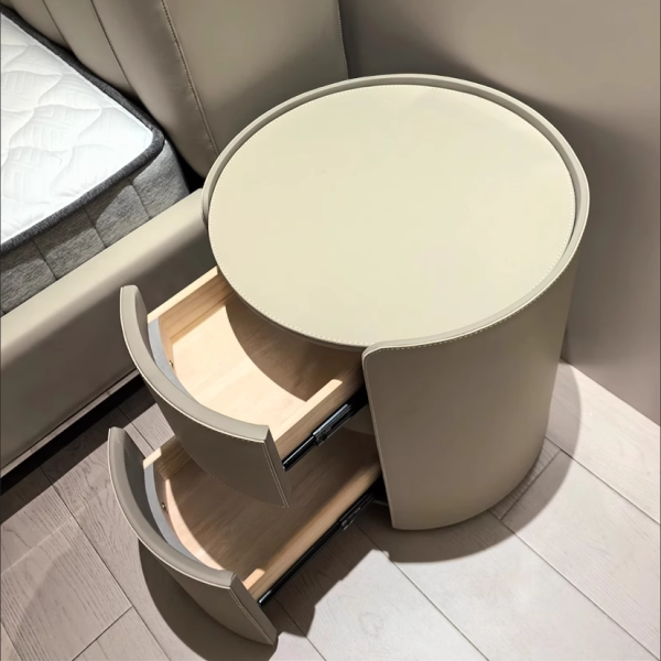 Modern Luxury Round Rock Slab Saddle Leather Nightstand 2-Drawer For Bedroom - Image 14