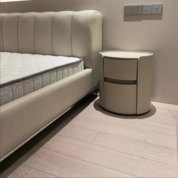 Modern Luxury Round Rock Slab Saddle Leather Nightstand 2-Drawer For Bedroom - Image 15