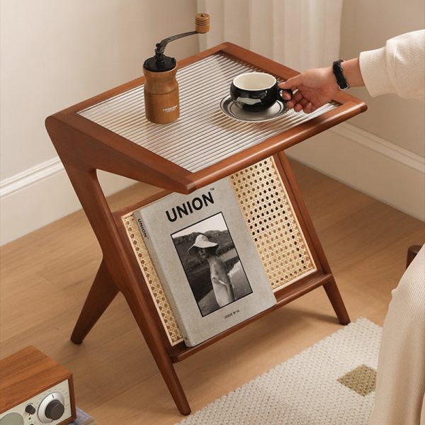 Traditional Japanese Weaving Rattan Glass Cherry Wood Ash Wood Rectangular Side Table 1-Shelf For Living Room - Image 3