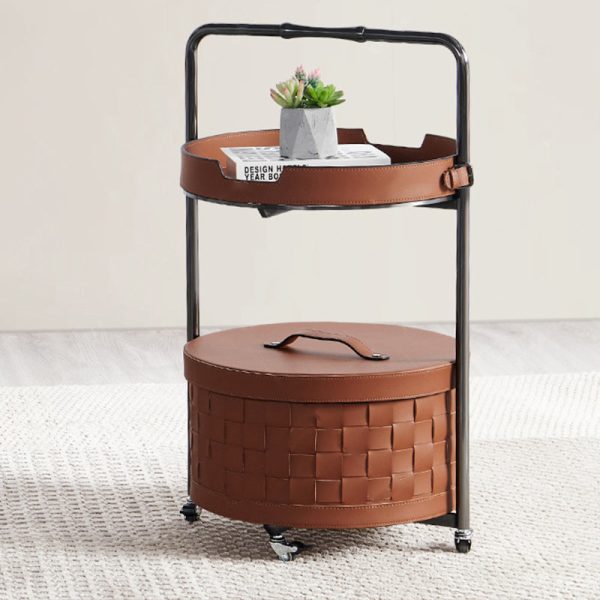 Contemporary Nordic Round Stainless Steel Saddle Leather End Table Movable 2-Tier For Living Room - Image 17