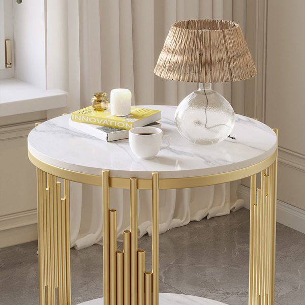Contemporary Scandinavian Round Cylindrical Rock Slab Carbon Steel End Table For Living Room - Image 7