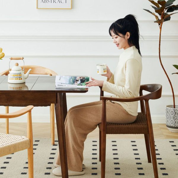 Traditional Vintage Braided Rope Wood Legs Square Dining Chair Backrest Armrest For Dining Room - Image 11